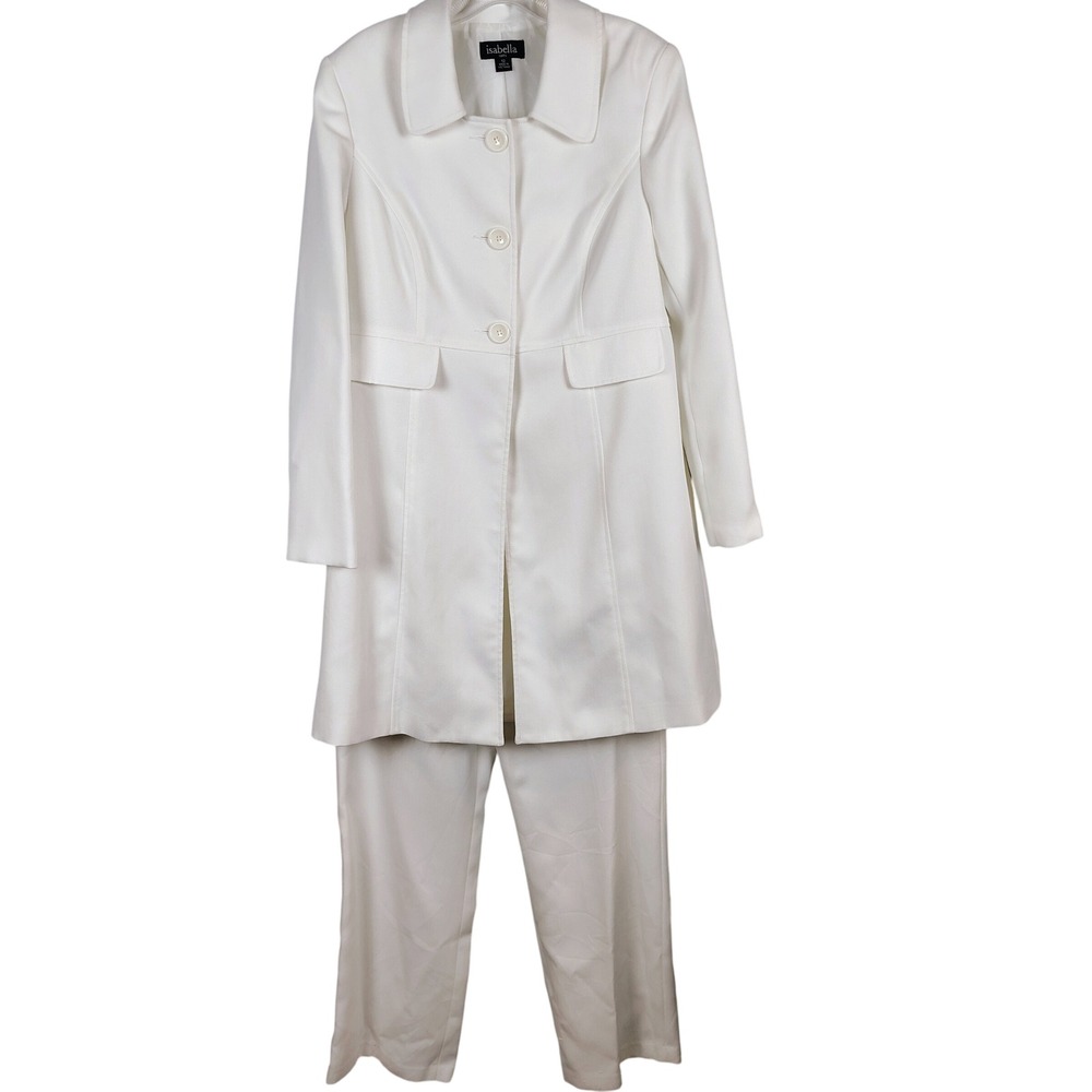 Isabella Womens SZ 12 Pantsuit White Herringbone Longline Jacket Set Old Money